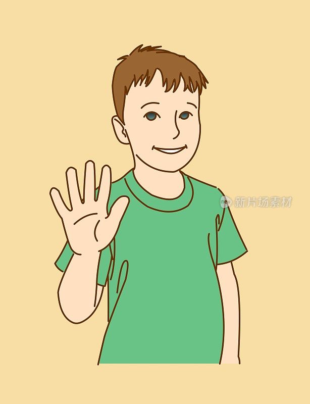 high five! A smiling boy shows an open palm.
